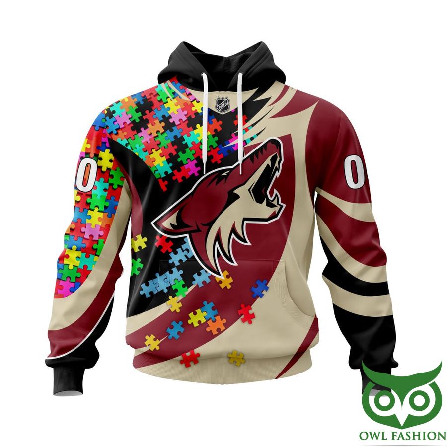 Customizable Autism Awareness Arizona Coyotes Hoodie With Colorful Puzzle Design And Personalized Name And Number
