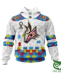 Customizable Autism Awareness Arizona Coyotes Hoodie With White Puzzle Design And Personalized Name And Number