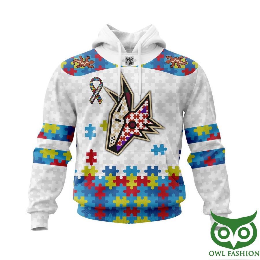 Customizable Autism Awareness Arizona Coyotes Hoodie With White Puzzle Design And Personalized Name And Number
