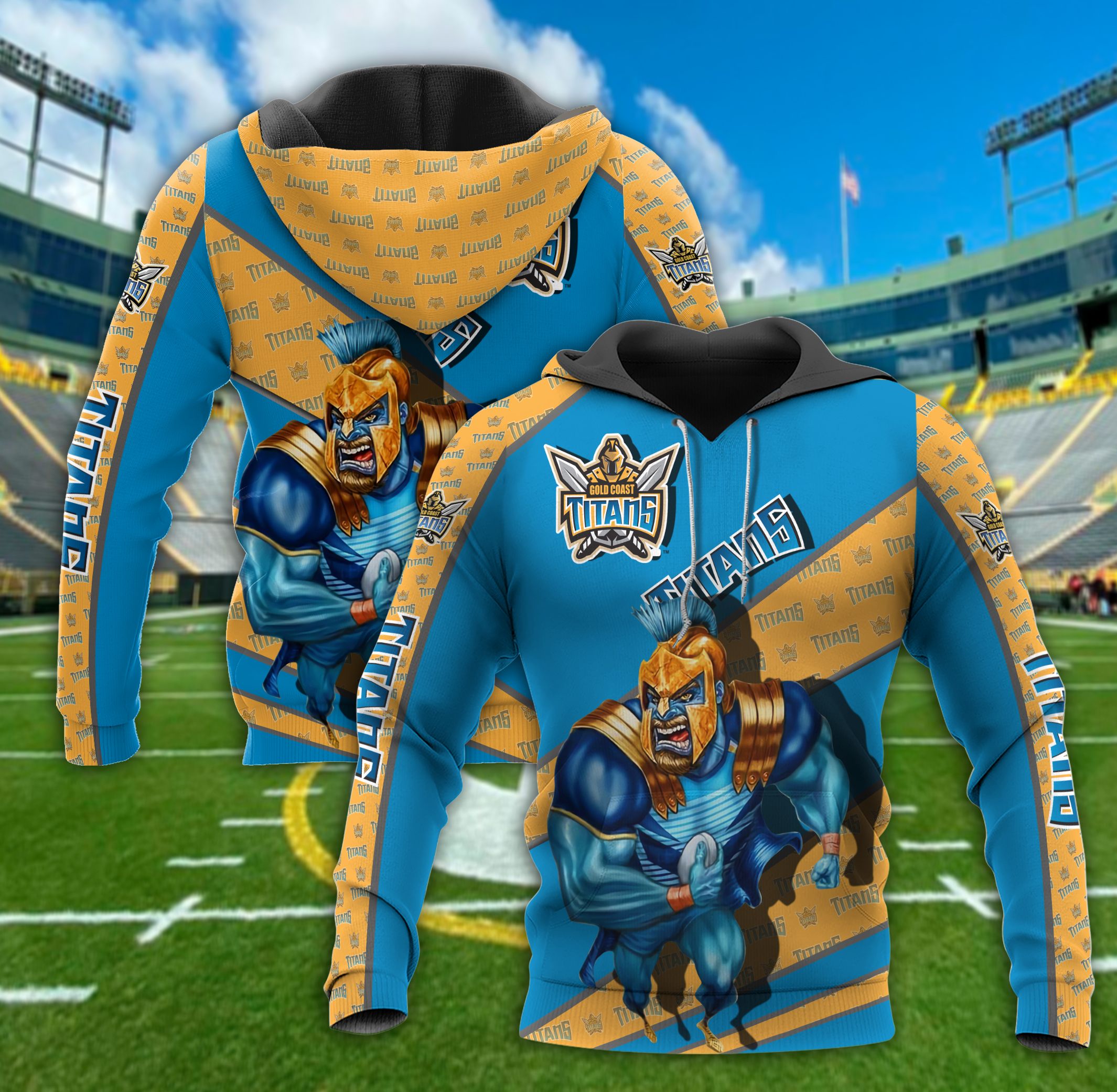 Customized 3D Printed Gold Coast Titans Hoodie With Mascot Kc Nrl Zip Up Hoodie