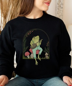 Cute Cottagecore Aesthetic Frog Playing Banjo on Mushroom Unisex Sweatshirt