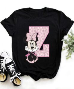 Disney Minnie Mouse T-shirt Female Funny 26 Capital Letters A-Z Print Unisex T-shirt Family Birthday Gift Adult Kid Toddler Tee