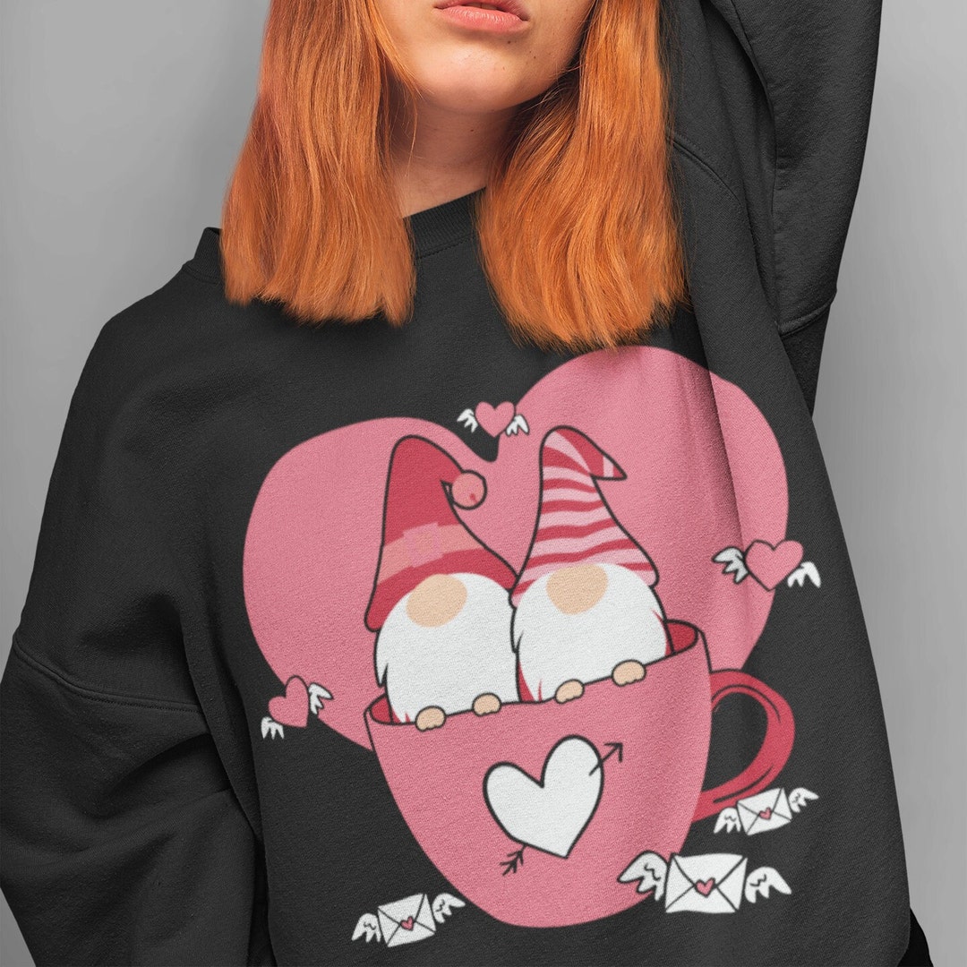 Eco Friendly Unisex Sweatshirt Printed Gnomes Valentine's Day, Custom Organic Sweatshirt, Sweatshirt Valentine's Day, Gift For Her