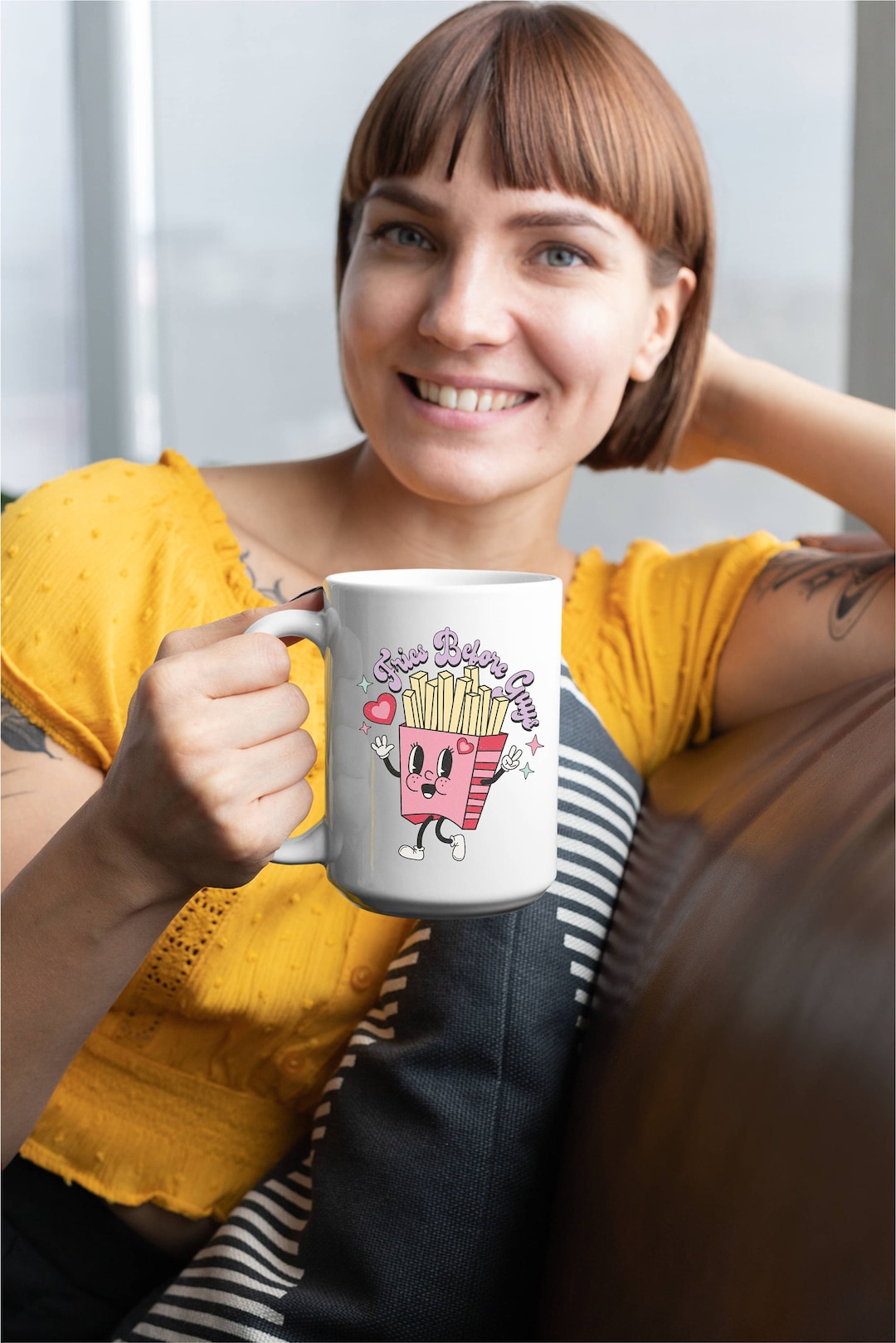 Fries Before Guys White Glossy Mug Valentines Day Gift For Be Mine I Love You Funny Punny Cute Retro Candy Hearts