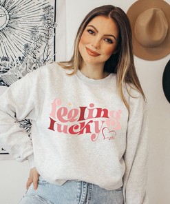 Funny Valentine Sweatshirt, Feelin Lucky Valentine Sweatshirt, Retro Valentine Sweatshirt for Women, Galentine Gift Plus Sizes