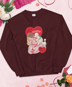Girl and Poodle Dog Chocolate Kiss - Unisex Sweatshirt - Inspired by Vintage Retro Valentine's Day Card Art - Mid Century MCM