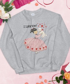Girl with Poodle Dog and Hearts - Unisex Sweatshirt - Inspired by Vintage Retro Valentine's Day Card Art - Mid Century MCM - Sizes up to 5XL