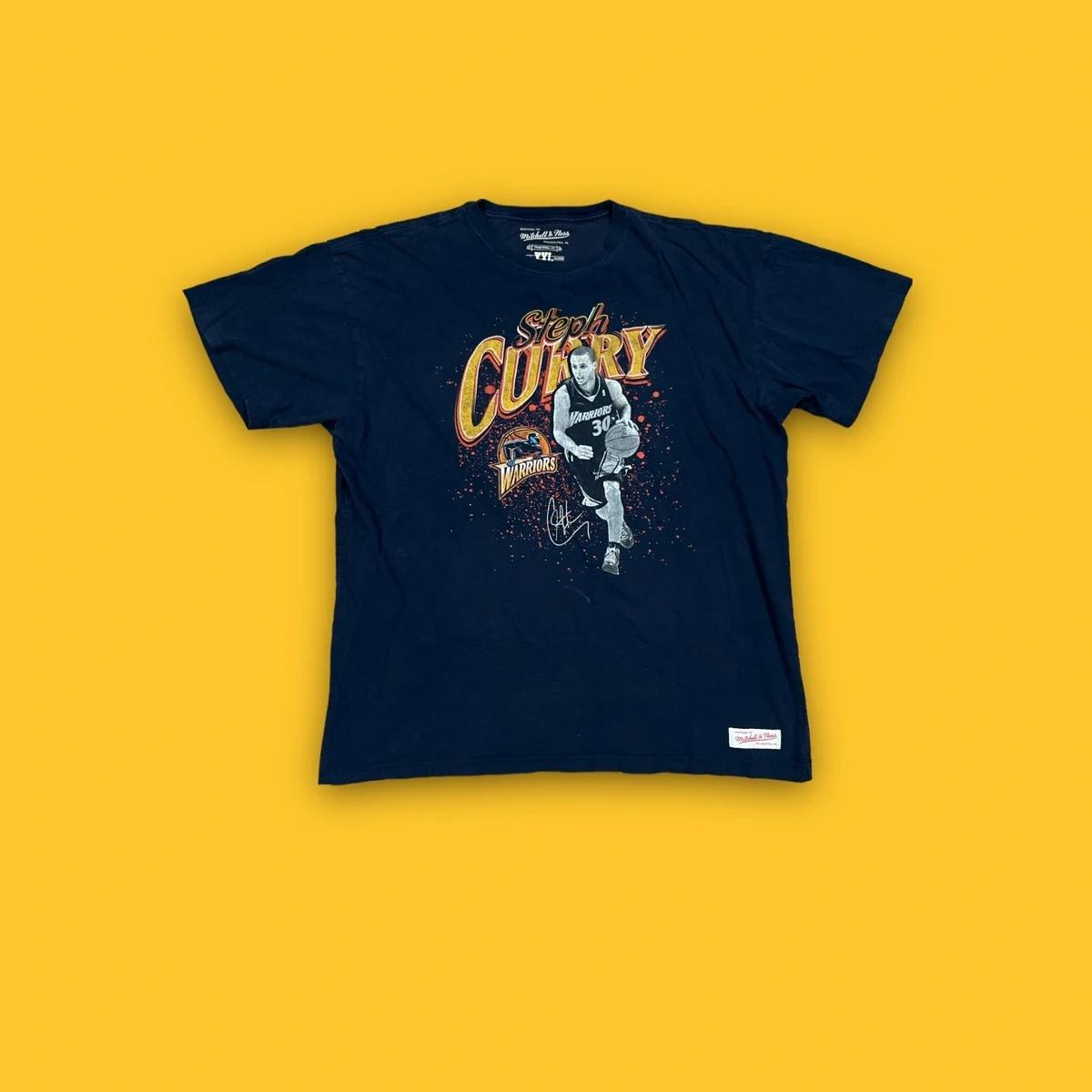 Golden State Warriors Steph Curry Mitchell and Ness Tshirt Hoodie Crewneck Sweatshirt Reprinted Full Color Full Size Gifts for NBA Fans