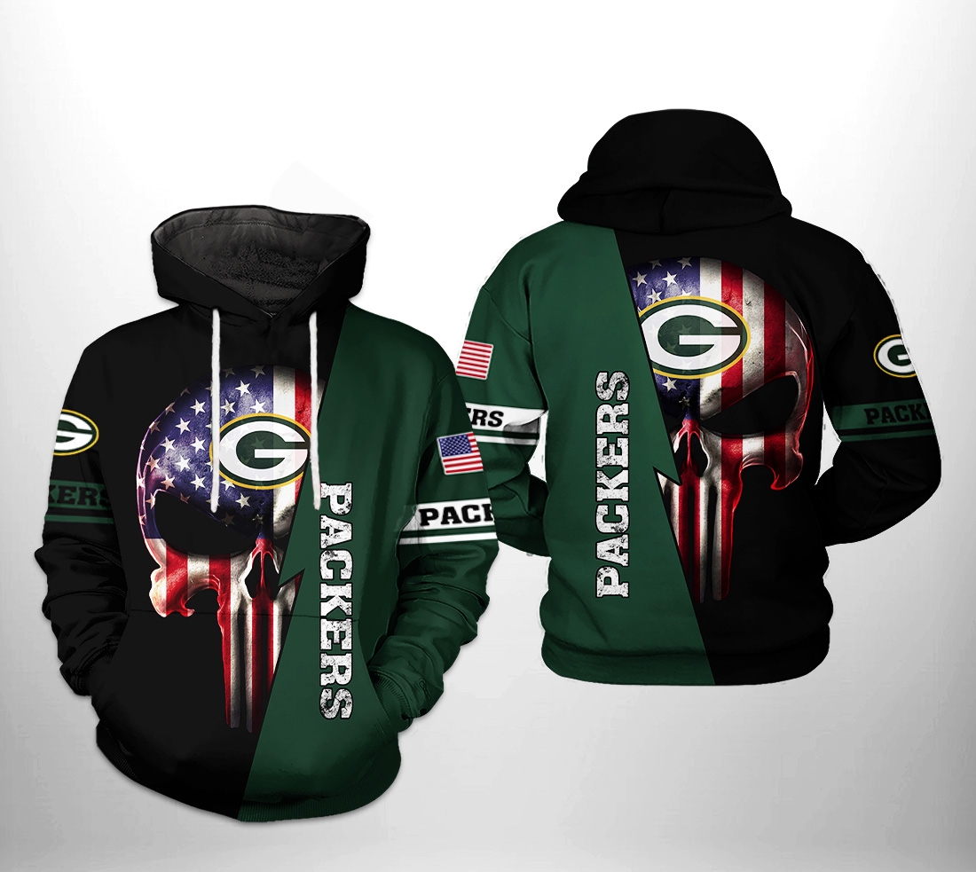 Green Bay Packers Nfl Us Flag Skull Team 3D All Over Print Zip Up Hoodie Option