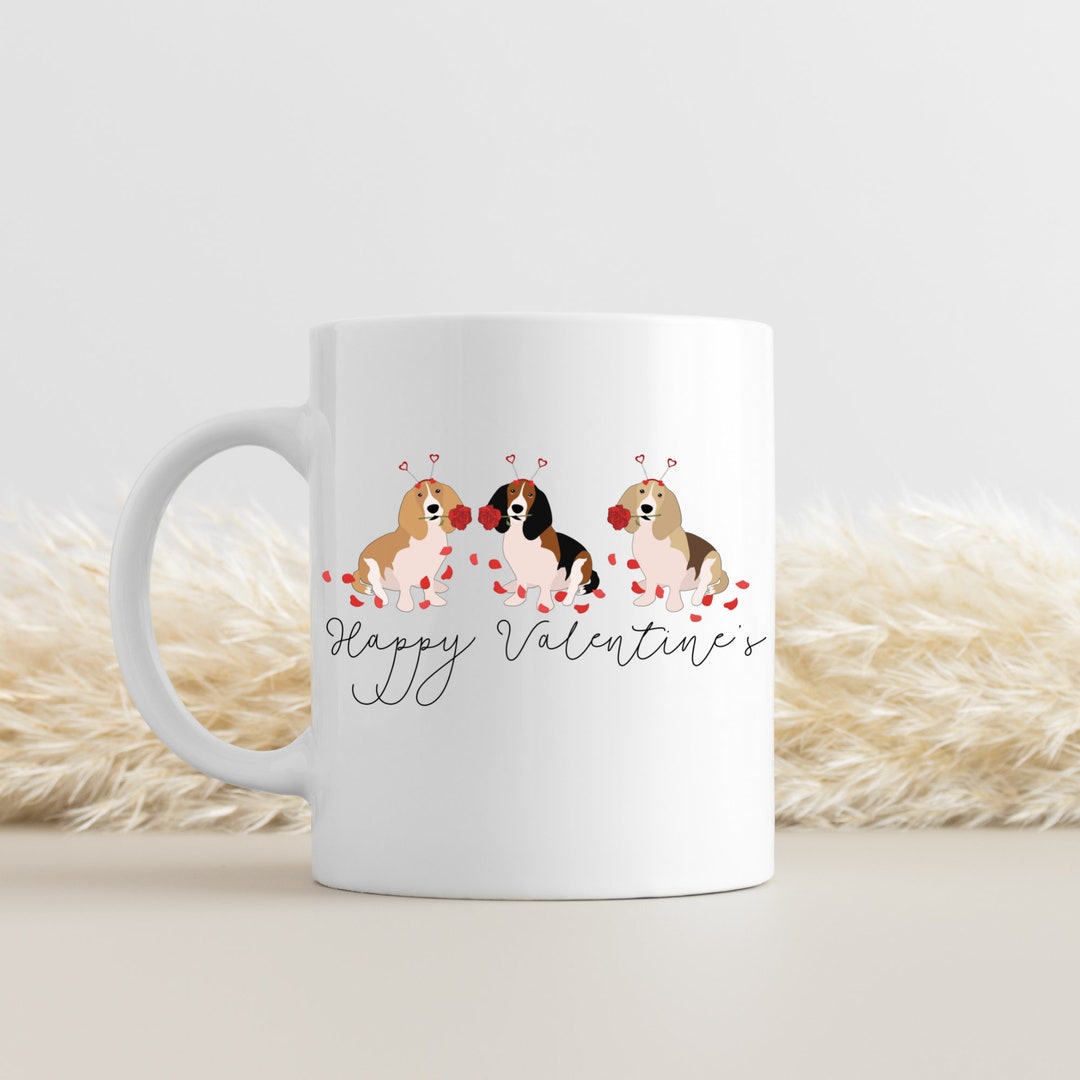 Happy Valentines Basset Hound Mug, Basset Hound Mom Gift, Dogs, Gift For Her, Valentines Mug