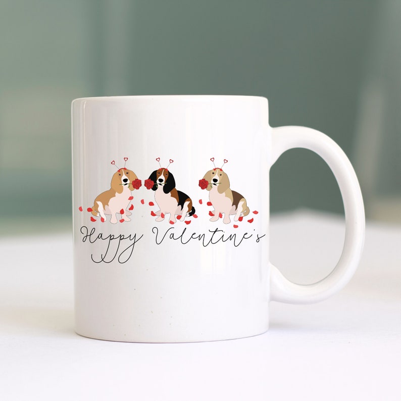 Happy Valentines Basset Hound Mug, Basset Hound Mom Gift, Dogs, Gift For Her, Valentines Mug