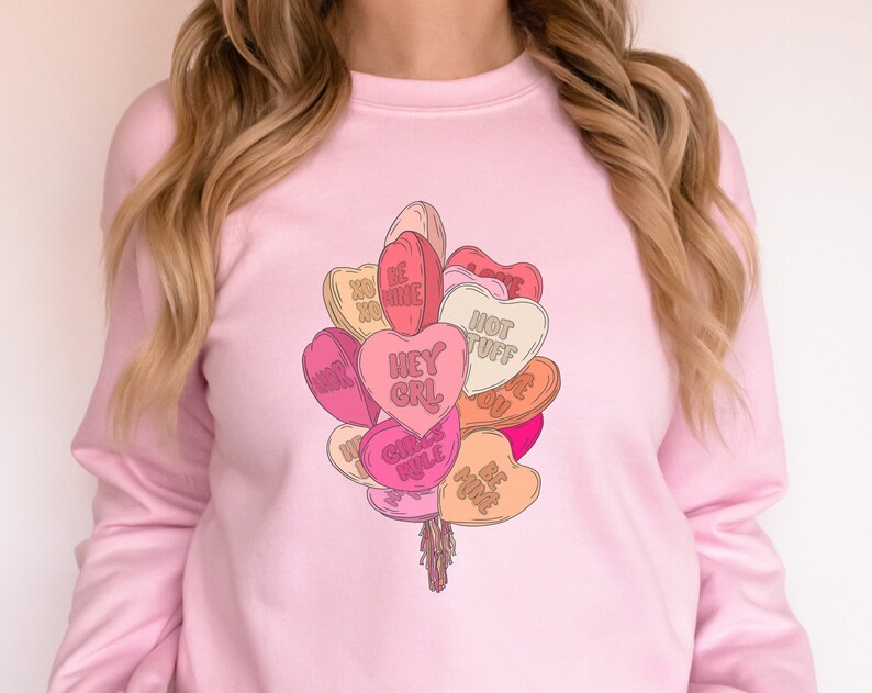 Heart Balloons Valentine's Day Crewneck Sweatshirt, Unisex, Galentine's Day, Girly, Conversation Hearts - Image 2