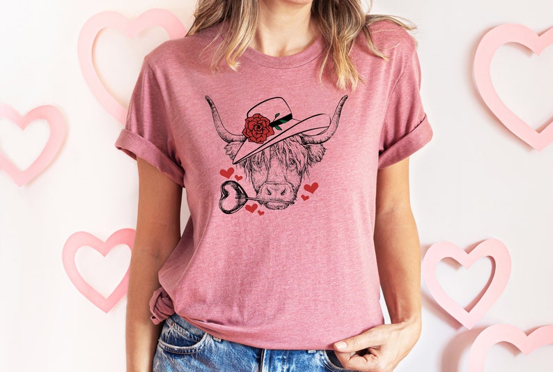 Highland Cow Valentines Day Shirt, Valentines Day Shirts For Woman, Heart Shirt, Cute Valentine Shirt, Valentines Day Gift, Valentines Gift - Image 4