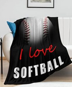 I Love Softball Throw Blanket For Bed Sofa Couch Sherpa Fleece Blankets, Gifts For Kids Adults All Season Use