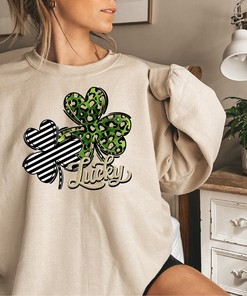 Leopard and Zebra Print Shamrock Lucky Sweatshirt, St.Patricks Day Sweat, Irish Shamrock Crewneck, St Patty's Lucky Sweat, Unisex Sweat