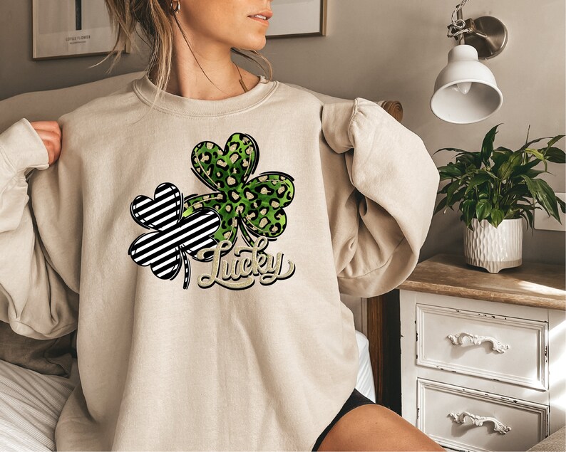 Leopard and Zebra Print Shamrock Lucky Sweatshirt, St.Patricks Day Sweat, Irish Shamrock Crewneck, St Patty's Lucky Sweat, Unisex Sweat - Image 2
