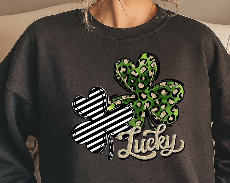 Leopard and Zebra Print Shamrock Lucky Sweatshirt, St.Patricks Day Sweat, Irish Shamrock Crewneck, St Patty's Lucky Sweat, Unisex Sweat - Image 3