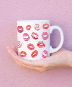Lipstick Valentines Day Kisses White Ceramic Mug Gift, Galentines Day Gift, Happy Valentines Hearts Kisses