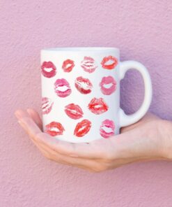 Lipstick Valentines Day Kisses White Ceramic Mug Gift, Galentines Day Gift, Happy Valentines Hearts Kisses