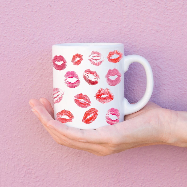 Lipstick Valentines Day Kisses White Ceramic Mug Gift, Galentines Day Gift, Happy Valentines Hearts Kisses