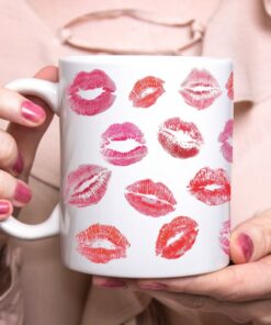 Lipstick Valentines Day Kisses White Ceramic Mug Gift, Galentines Day Gift, Happy Valentines Hearts Kisses