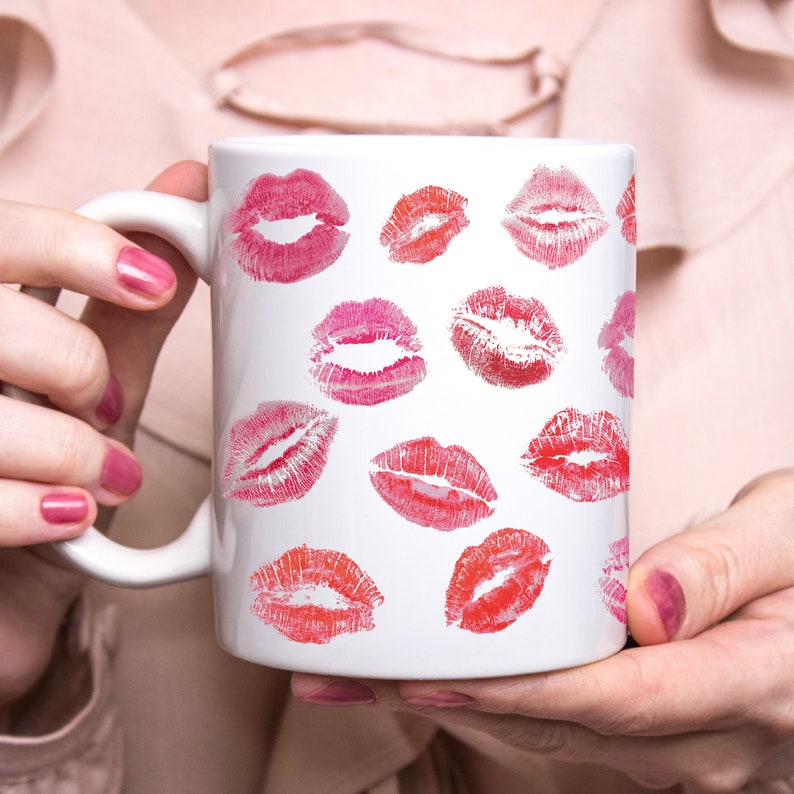 Lipstick Valentines Day Kisses White Ceramic Mug Gift, Galentines Day Gift, Happy Valentines Hearts Kisses