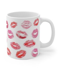 Lipstick Valentines Day Kisses White Ceramic Mug Gift, Galentines Day Gift, Happy Valentines Hearts Kisses