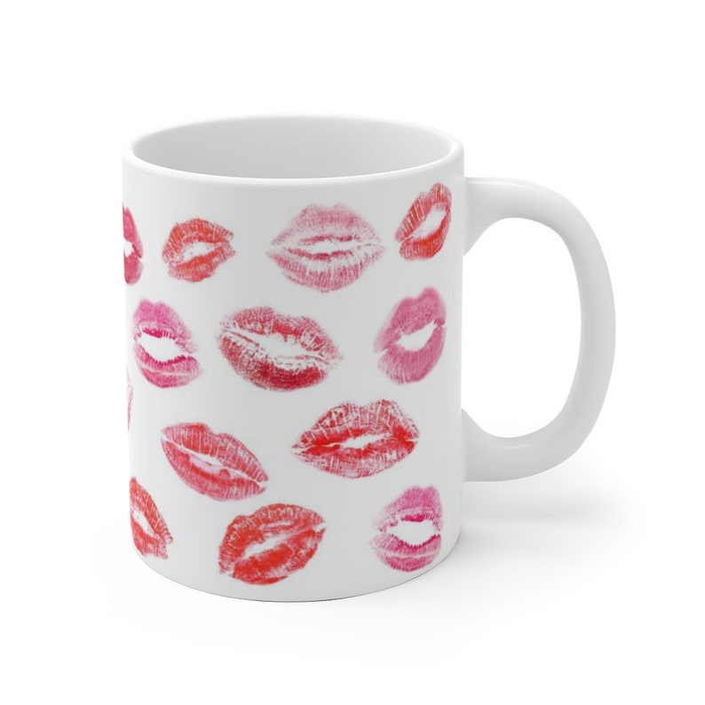 Lipstick Valentines Day Kisses White Ceramic Mug Gift, Galentines Day Gift, Happy Valentines Hearts Kisses