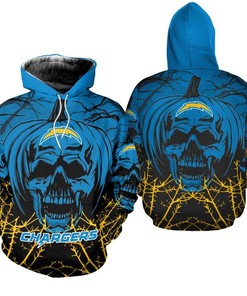 Los Angeles Chargers Halloween Pumpkin Skull Print 3D Hoodie Zip Hoodie, Nfl 3D All Over Print Hoodie Zip Hoodie