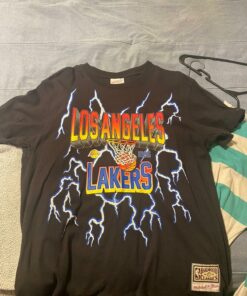 Los Angeles Lakers Mitchell and Ness Tshirt Hoodie Crewneck Sweatshirt Reprinted Full Color Full Size Gifts for NBA Fans
