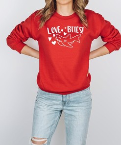 Love Bites Shark Adult Unisex Crewneck Sweatshirt - Valentine's Day Fleece Sweater- Valentine Tee for Toddlers, Kids, Adults