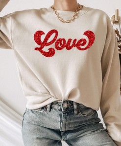 Love Sweatshirt, Retro Love shirt, Womens Sweatshirts, Red Glitter Love Sweater, Crewneck Love Pullover, Anniversary Gifts for Wife, Lover