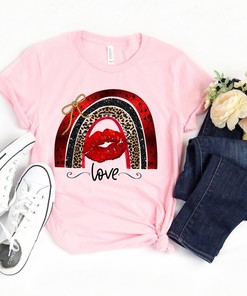 Love Valentine Boho Rainbow Lips Shirt: Heart & Cheetah Print