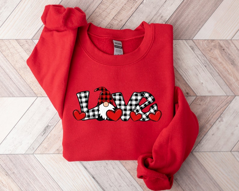 Love Valentine Gnome Valentine, Valentine Gnome Buffalo Plaid Sweatshirt, Valentines Day, Valentines Day Sweatshirt, Valentines Day Gift - Image 3