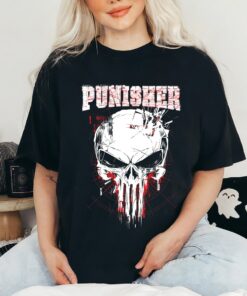 Marvel The Punisher Skull and Red Streaked Logo T-Shirt, Frank Castle Marvel Disneyland Vacation Trip Gift Unisex Adult T-shirt Kid Tee