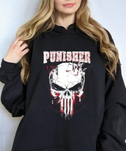 Marvel The Punisher Skull and Red Streaked Logo T-Shirt, Frank Castle Marvel Disneyland Vacation Trip Gift Unisex Adult T-shirt Kid Tee