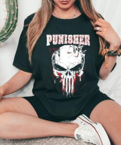 Marvel The Punisher Skull and Red Streaked Logo T-Shirt, Frank Castle Marvel Disneyland Vacation Trip Gift Unisex Adult T-shirt Kid Tee
