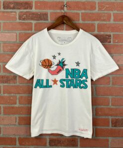Mitchell and Ness Mens White NBA 1996 All Stars Game Tshirt Hoodie Crewneck Sweatshirt Reprinted Full Color Full Size Gifts for NBA Fans