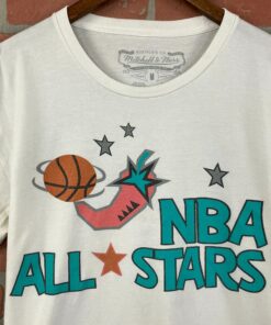Mitchell and Ness Mens White NBA 1996 All Stars Game Tshirt Hoodie Crewneck Sweatshirt Reprinted Full Color Full Size Gifts for NBA Fans