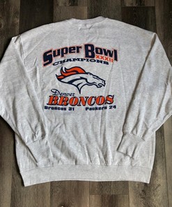 NFL Broncos Packers Super Bowl 32 Champions Tshirt Pullover Hoodie Crewneck Sweatshirt Reprinted Full Color Full Size Gifts For NFL Fans