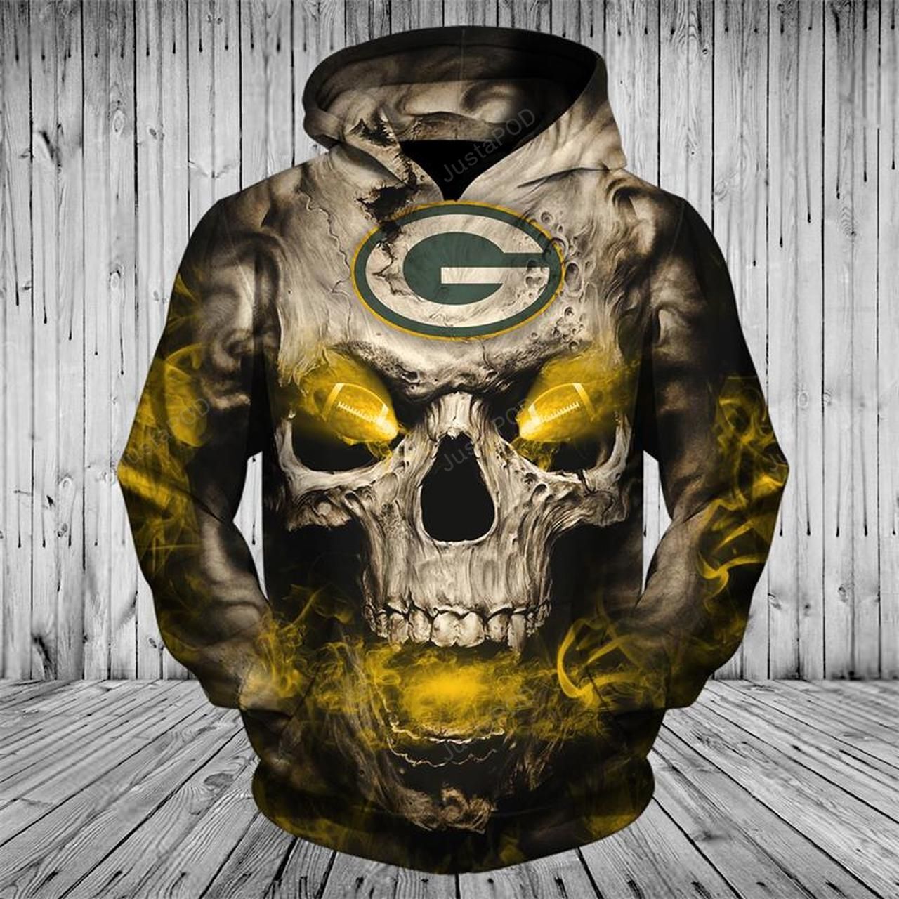 Nfl Green Bay Packers Neon Skull Fiery Packers Football Eyes Unisex 3D Hoodie Zip Hoodie