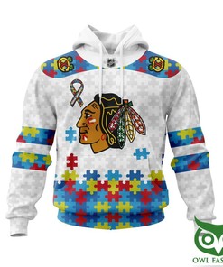 Nhl Chicago Blackhawks Autism Awareness, Custom Name Number White Puzzle 3D Hoodie Zip Hoodie, 3D All Over Print Hoodie Zip Hoodie
