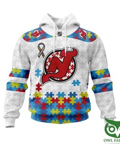 Nhl New Jersey Devils Autism Awareness Custom Name Number White Puzzle, Nhl 3D All Over Print Hoodie Zip Hoodie