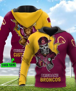 Nrl Brisbane Broncos Mascot Skull Custom Name 3D All Over Print Hoodie