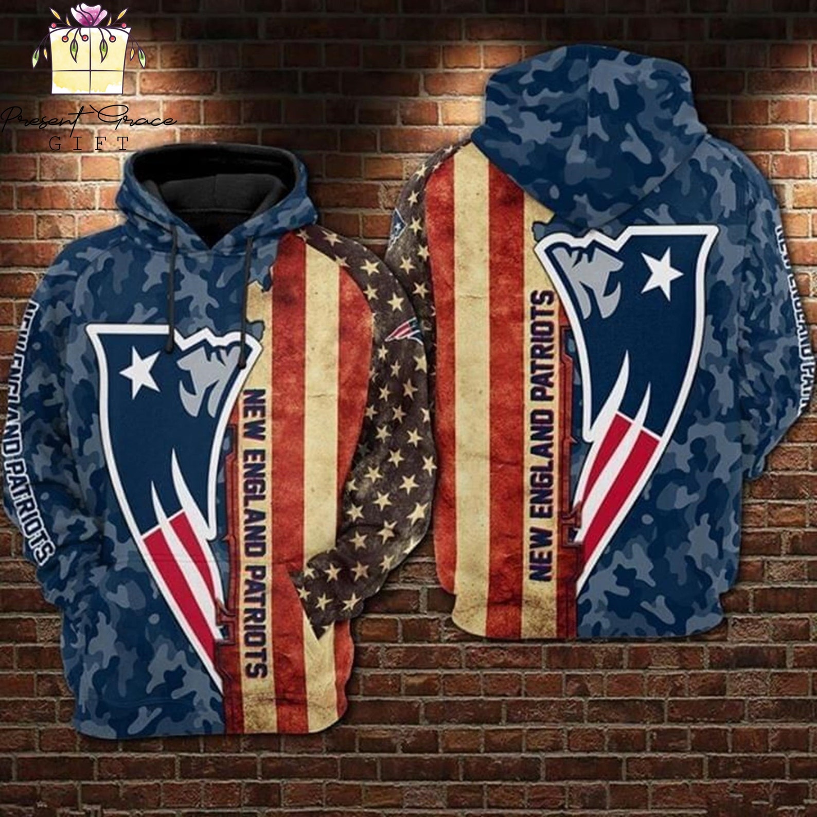New England Patriots Nfl American Flag Camouflage 3D Printed Pull Over Zip Up Hoodie
