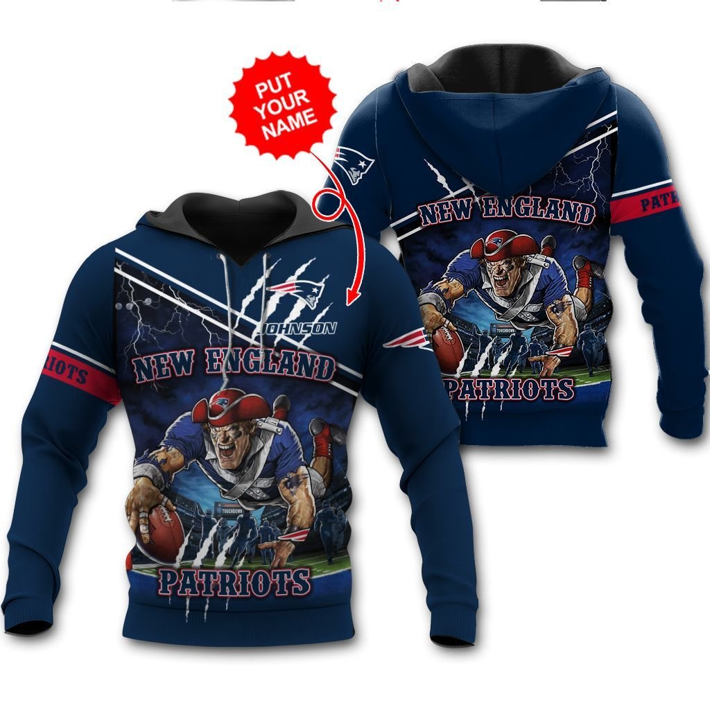 New England Patriots Personalized 3D Hoodie Zip Hoodie, Metal Mascot Catching Ball Nfl 3D All Over Print Hoodie Zip Hoodie