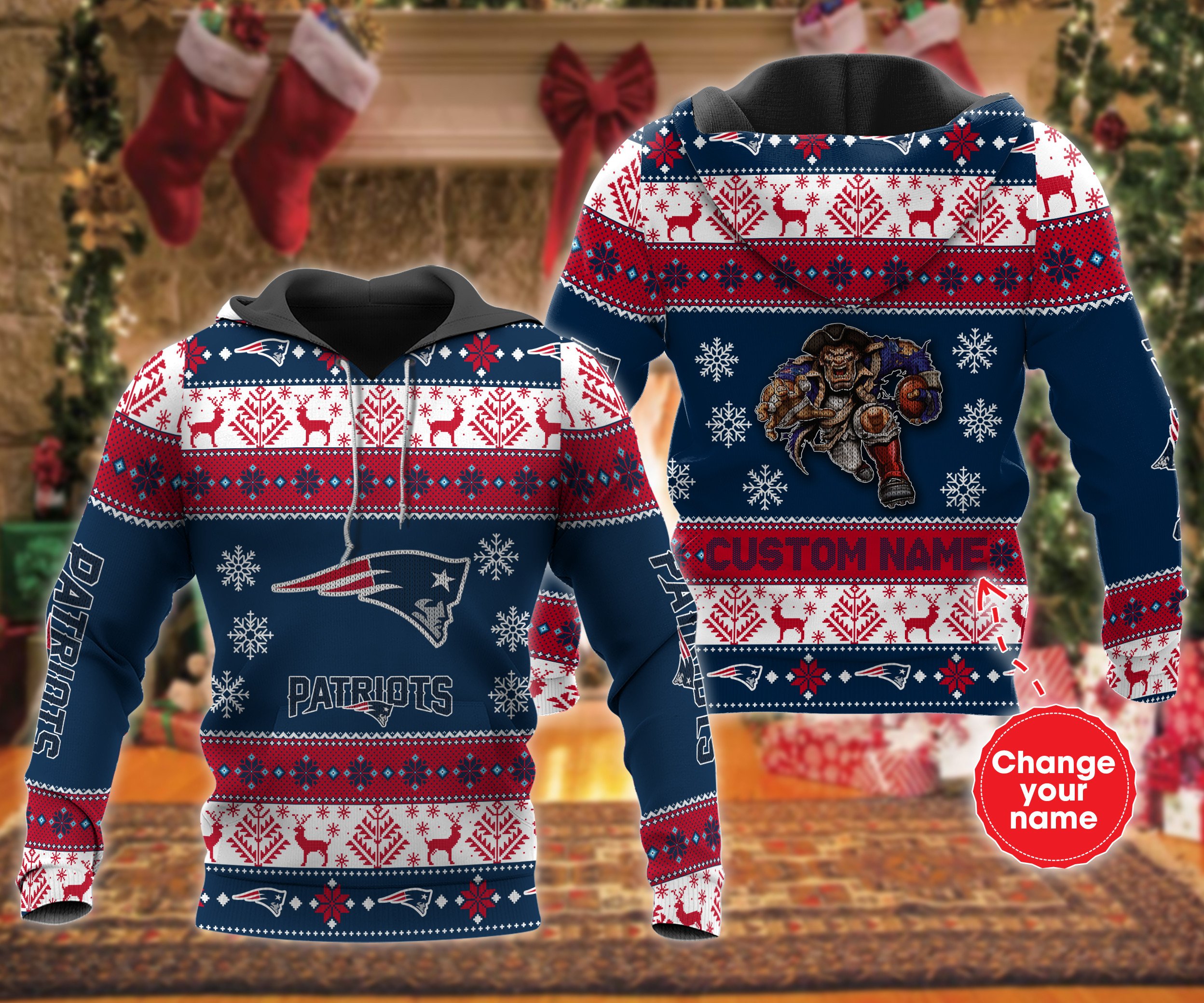 New England Patriots Personalized 3D Hoodie Zip Hoodie, Xmas Nfl 3D All Over Print Hoodie Zip Hoodie