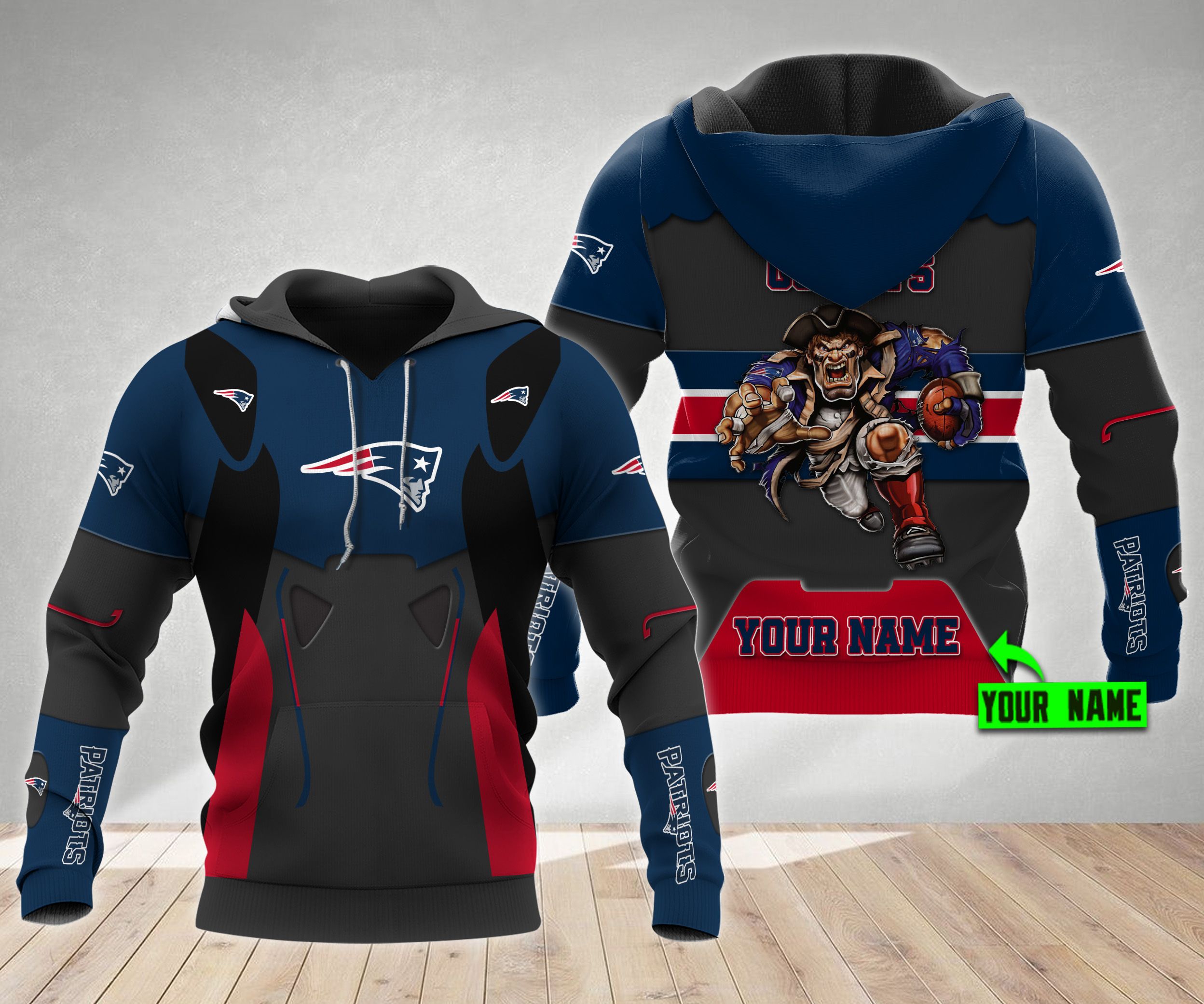 New England Patriots Personalized Metal Mascot 3D Hoodie Zip Hoodie, Nfl 3D All Over Print Hoodie Zip Hoodie