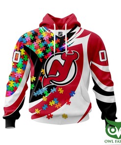 New Jersey Devils Autism Awareness Custom Name Number 3D Hoodie Zip Hoodie, Nhl 3D All Over Print Hoodie Zip Hoodie