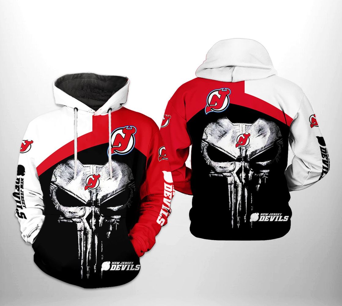 New Jersey Devils Skull Punisher 3D Hoodie Zip Hoodie, Nhl 3D All Over Print Hoodie Zip Hoodie